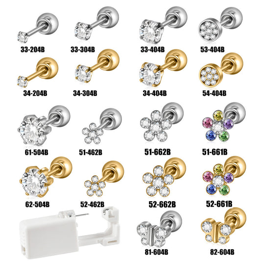跨境不锈钢一次性耳洞打耳器耳钉花朵蝴蝶锆石头部球座一次打耳枪