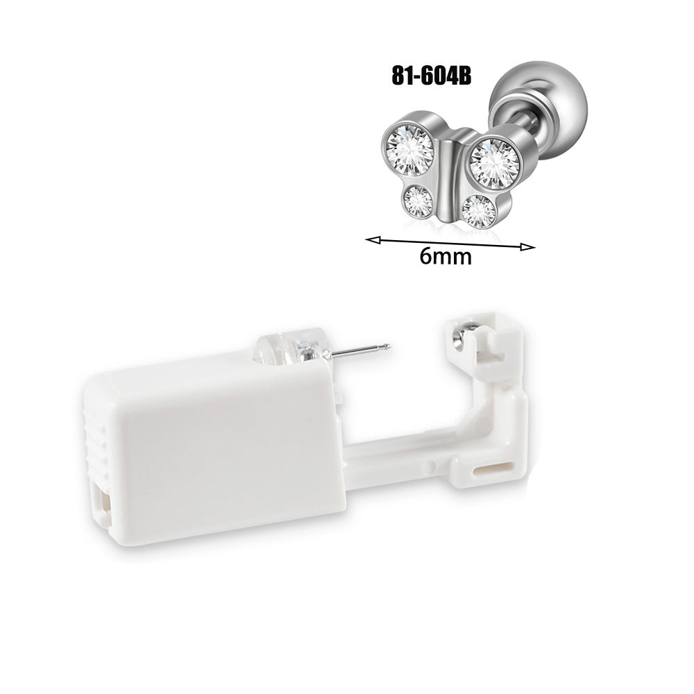 跨境不锈钢一次性耳洞打耳器耳钉花朵蝴蝶锆石头部球座一次打耳枪