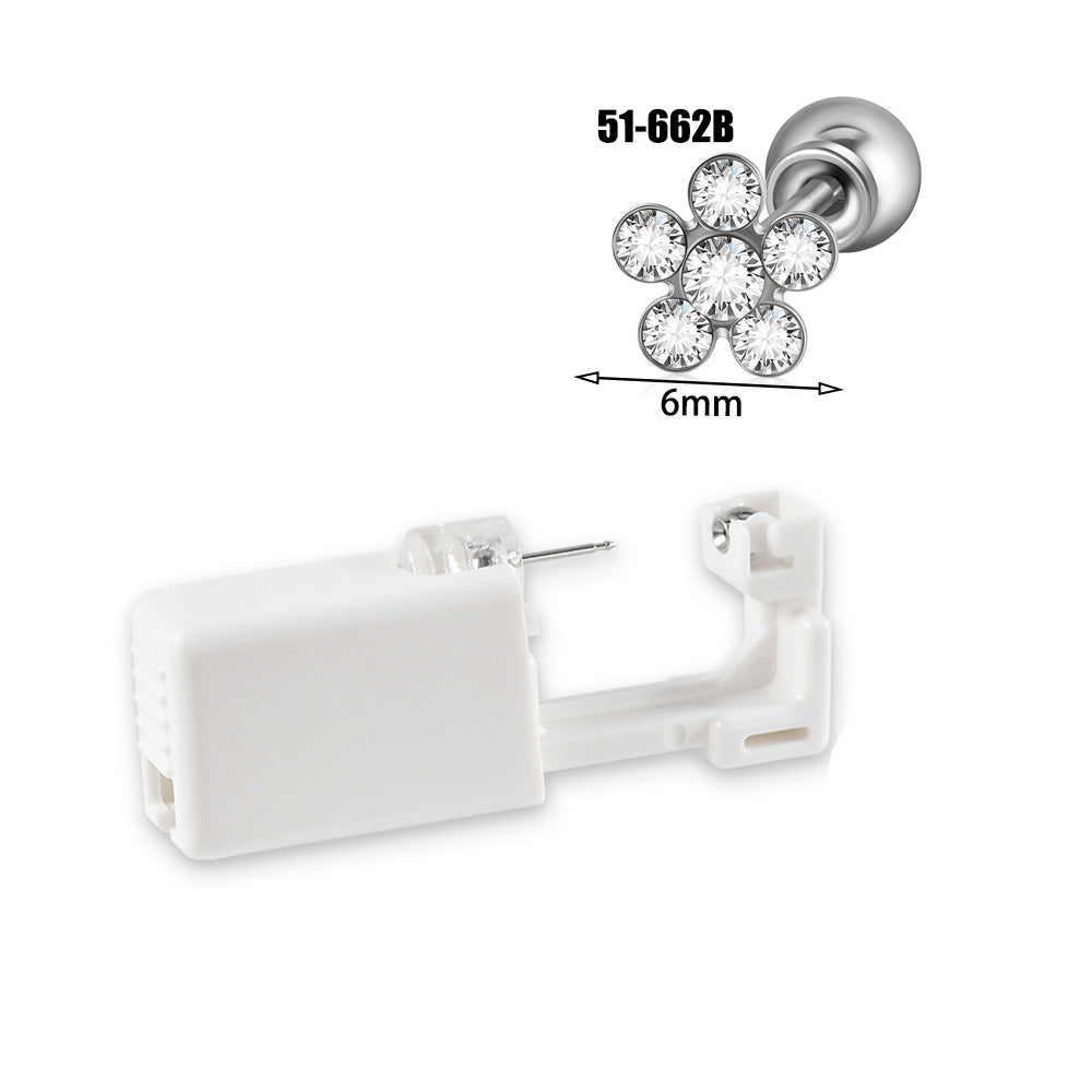 跨境不锈钢一次性耳洞打耳器耳钉花朵蝴蝶锆石头部球座一次打耳枪