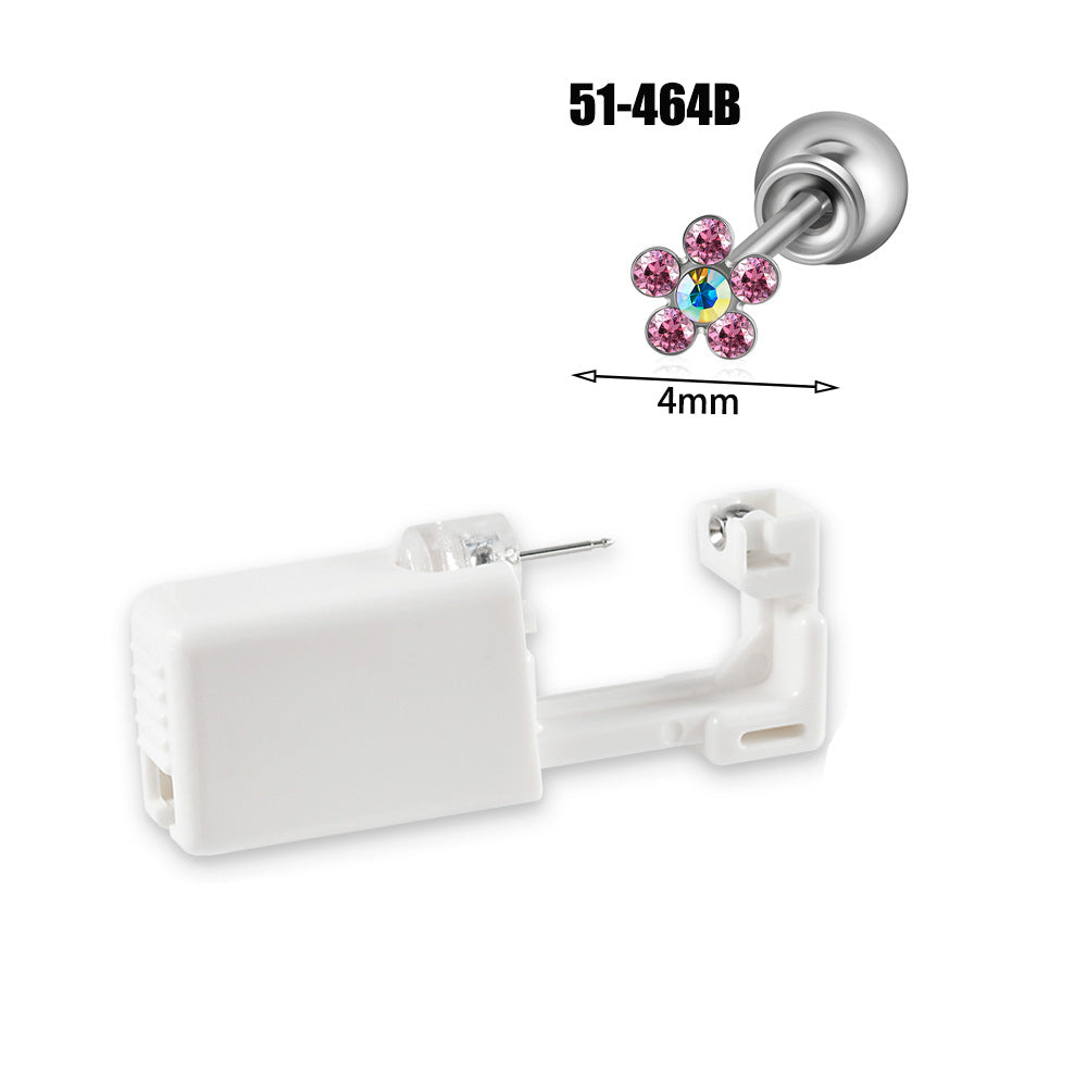 跨境不锈钢一次性耳洞打耳器耳钉花朵蝴蝶锆石头部球座一次打耳枪