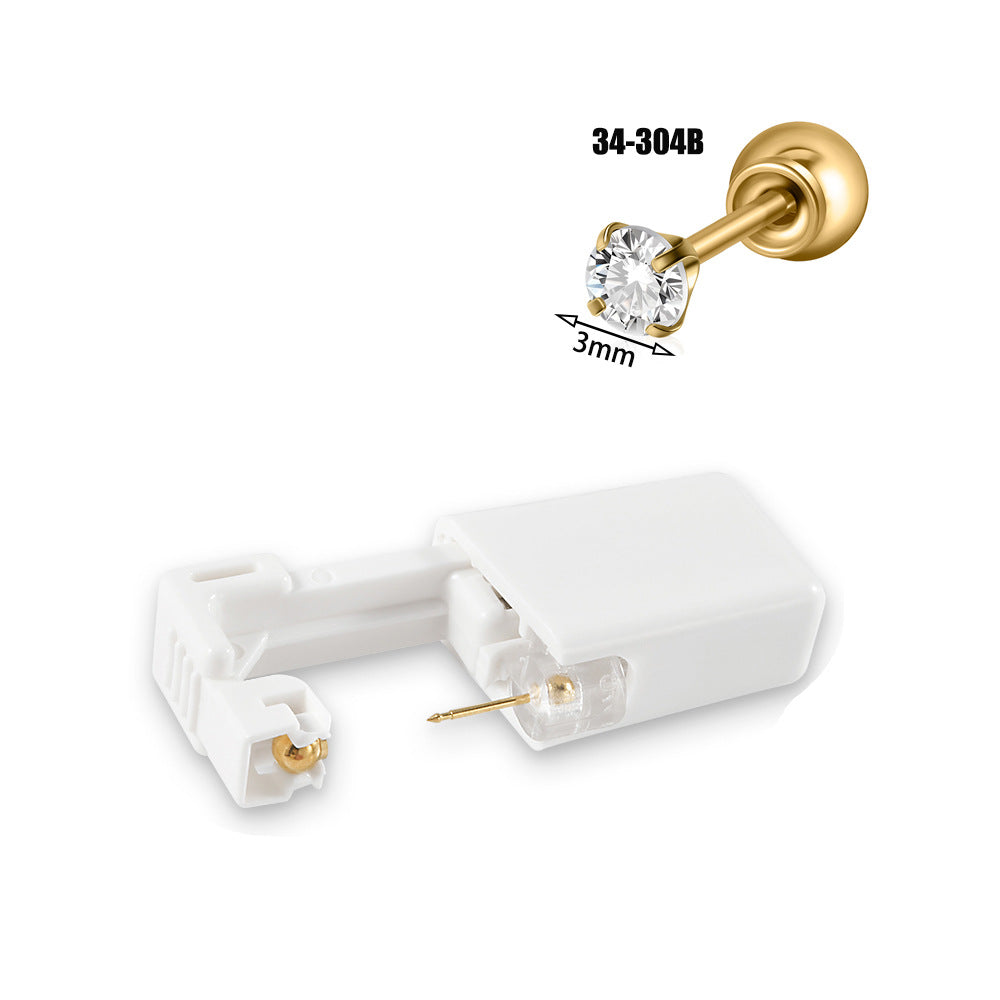 跨境不锈钢一次性耳洞打耳器耳钉花朵蝴蝶锆石头部球座一次打耳枪